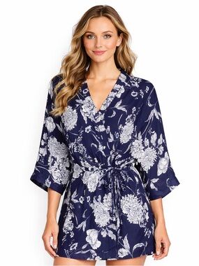 Label of Love Navy Floral Kimono Wrap Robe Swimsuit coverup Lightweight Boho Med